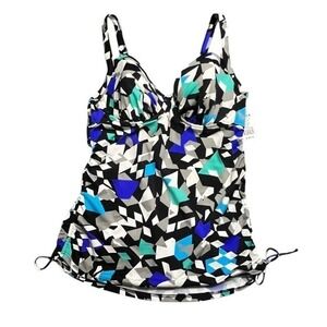Upstream Womens Blue Geometric Underwire Tankini Swim Top Size 14 D-Cup NWT